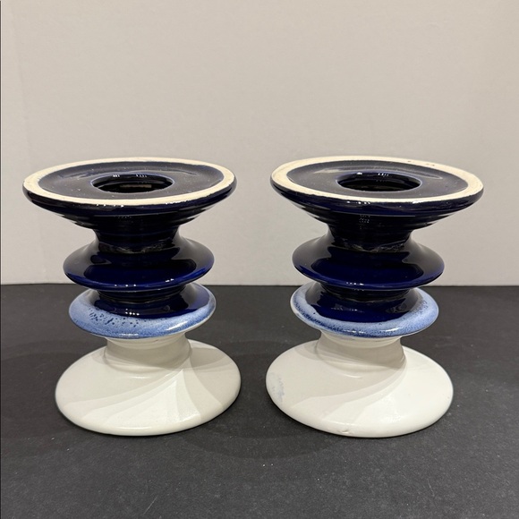 Cobalt and White Pillar Candleholders Set of 2 - Picture 1 of 9
